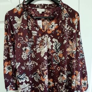 NWT LOFT Outlet Maroon Floral Ruffleneck Blouse Sz XL